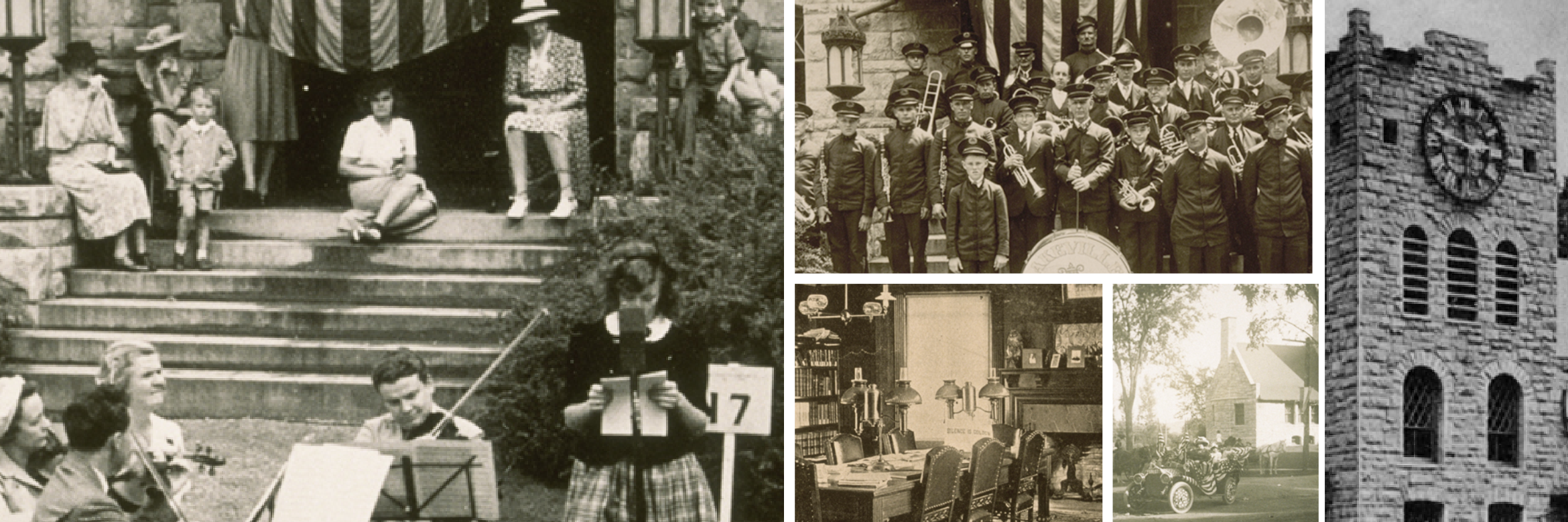 Collage of historical images: left image showing an outdoor concert, second top showing a marching band standing on the library steps, the middle left image showing the library's reading room, the middle right image showing a parade, and the right image showing the library building