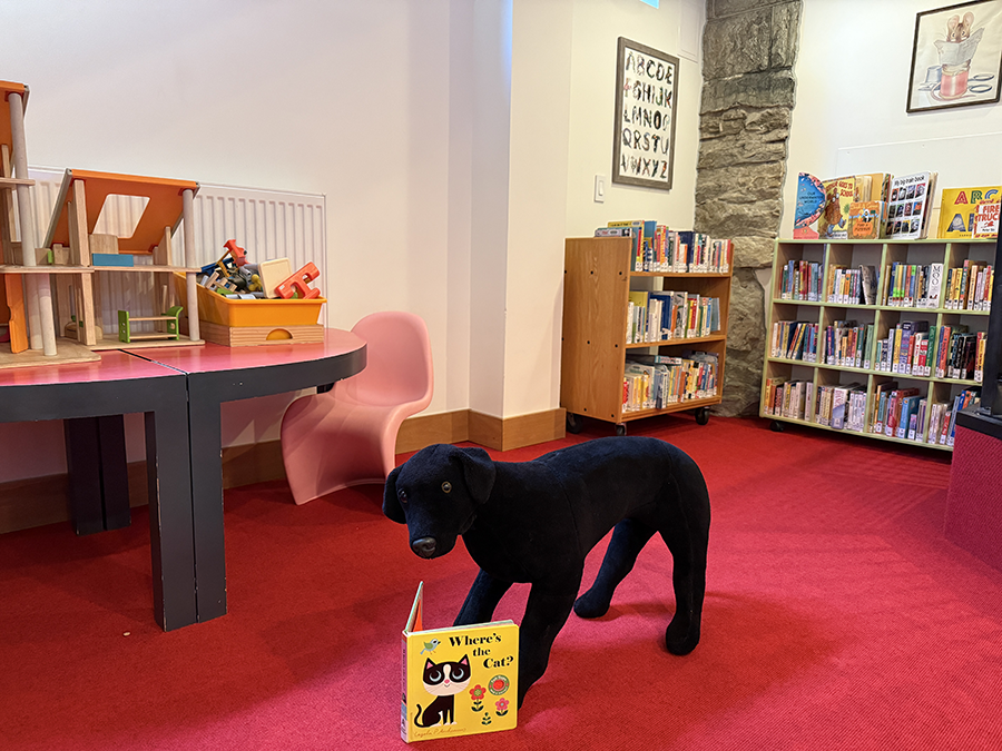 Tot spot with black dog plush and book