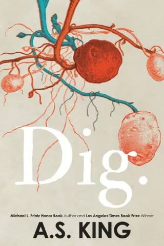 book cover design with red pink green roots or veins and title DIG in white letters
