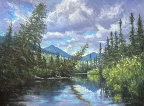 painting of a tree-lined river in summer