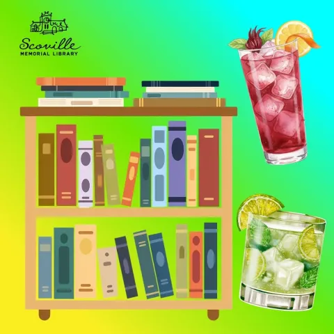 illustrated book cart and cocktails 