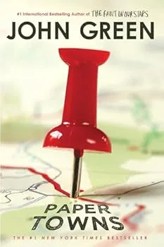 image of the book Paper Towns by John Green, giant red tack on map