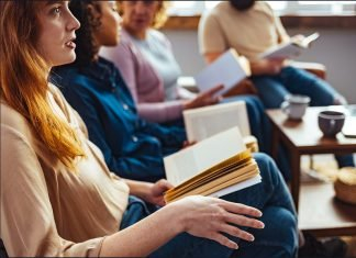 Group of people holding books.