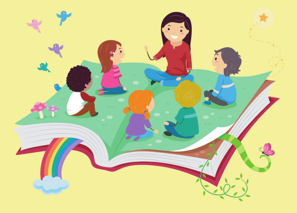 Illustration of adult  and 5 children sitting on an open book 